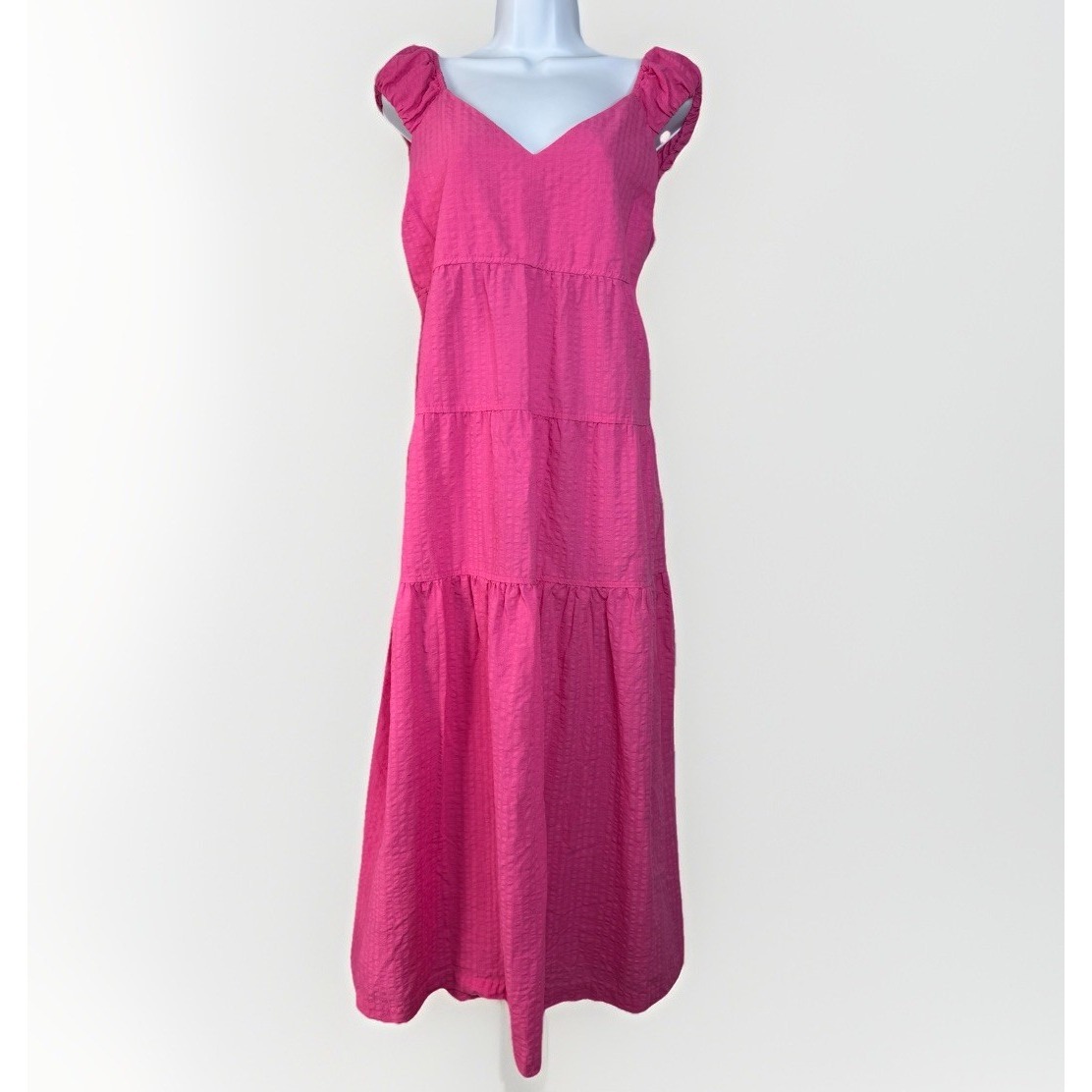 Old Navy Pink Tiered Maxi Dress L Puff Sleeve Cottagecore Sweetheart Crinkle
